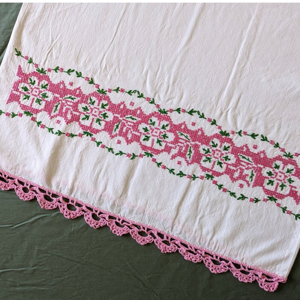 Vintage Pink cross stitch + crochet edge pillow case, nursery decor, romantic